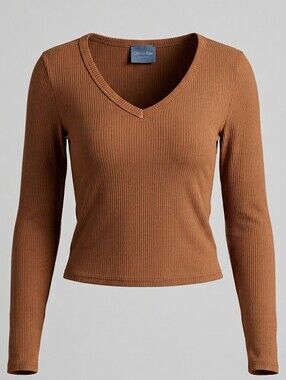 Olivia Rae New York Brown Ribbed Long Sleeve V-Neck Top